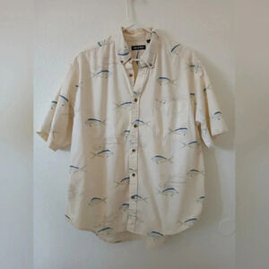 Puritan Mens L 42/44 Short Sleeve Shirt Blue White Sailfish Button Down Nautical